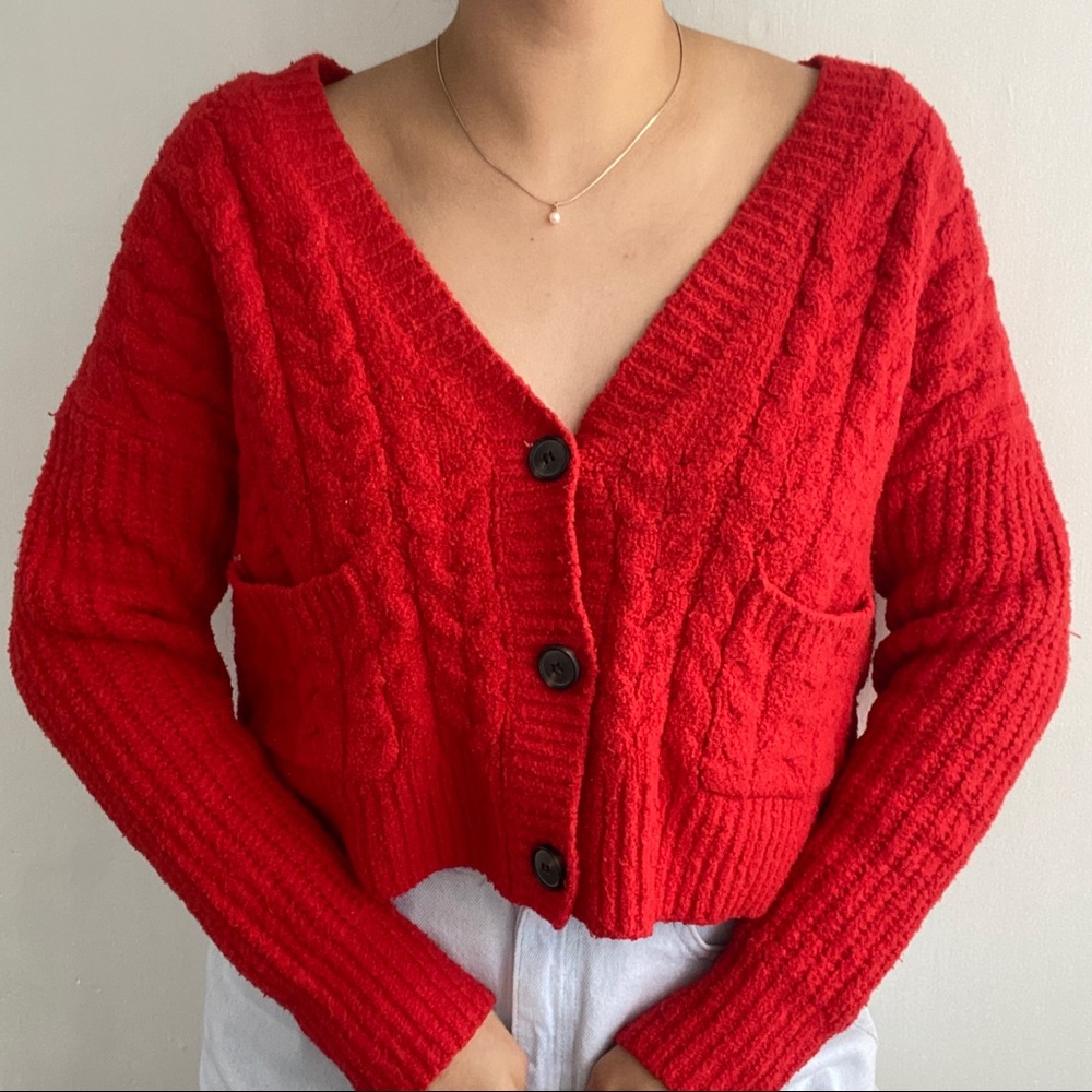 John + Jenn Cropped V Neck Button Pockets Cardigan Sweater Orange